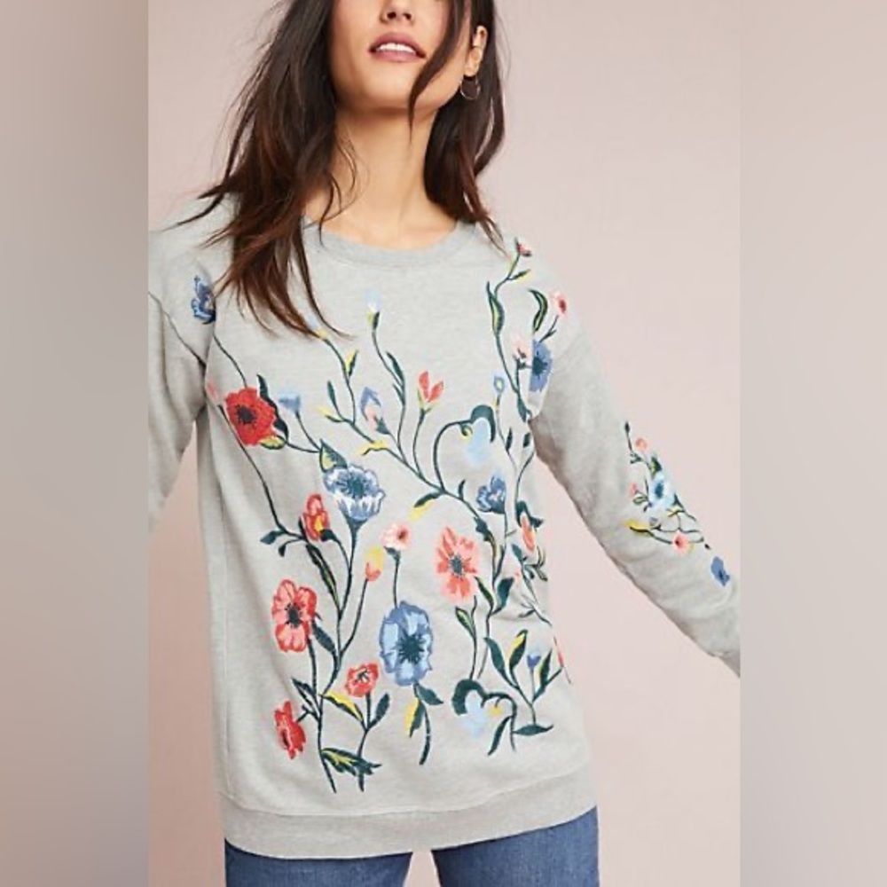 Anthropologie Sundry Sz S Grey Floral Embroidered Relaxed Sweater